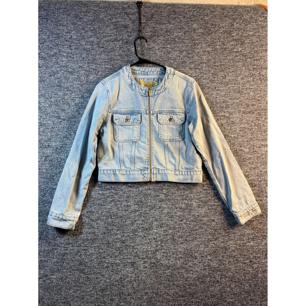 Michael Kors Women's Light Wash Cropped Denim Jacket Zip Up Collarless Blue Med